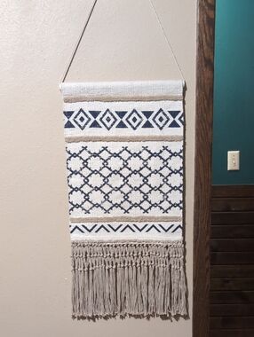 Neutral and Navy Aztec Macramé Wall Hanging